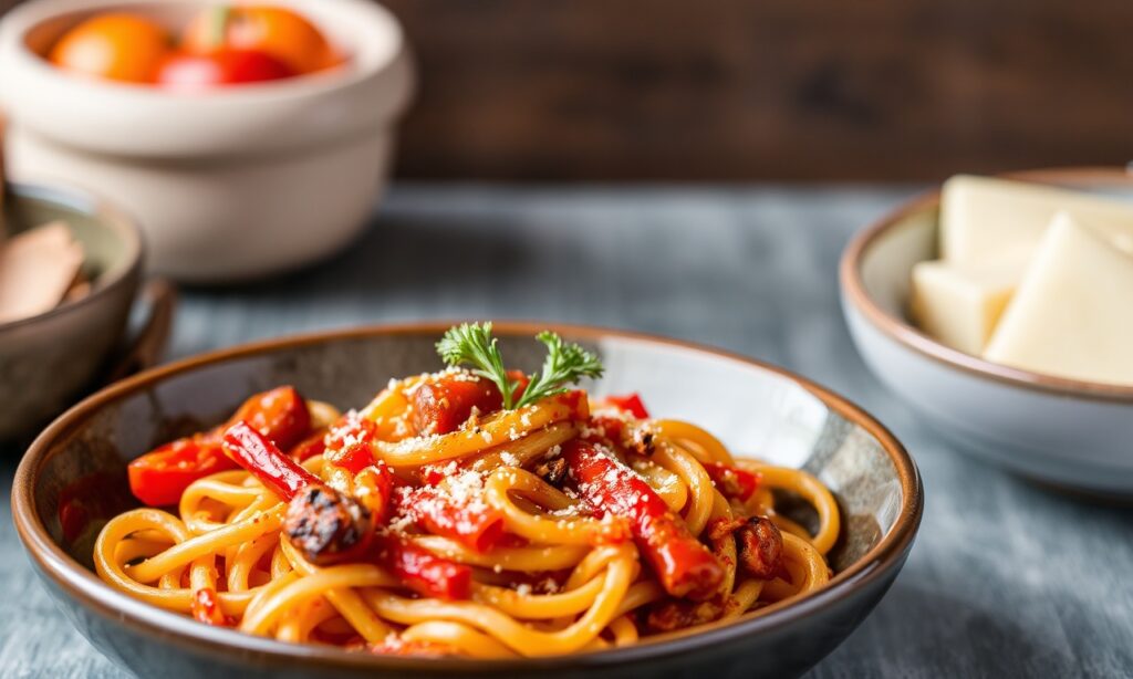 Discover bold roasted red pepper pasta delight.