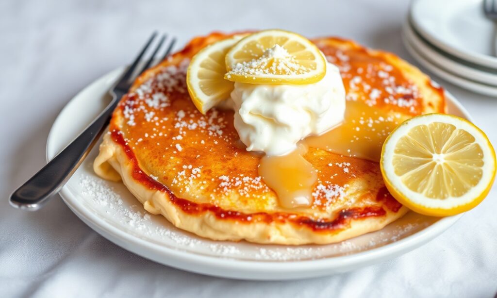 Fluffy Dutch baby pancake with lemon and sugar bliss.