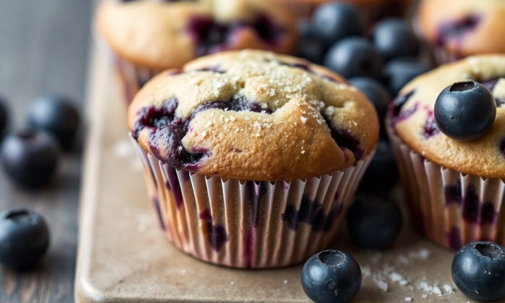 Baking perfect blueberry muffins: golden, fluffy, and bursting with berries.