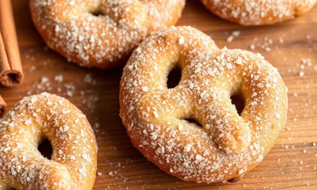 Sweet cinnamon sugar pretzels, a delightful baked treat.