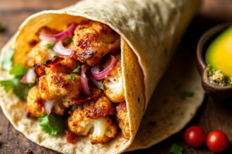 Bold flavorful roasted cauliflower shawarma wraps recipe.