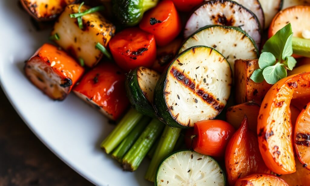 Perfectly grilled veggie platter, showcasing charred, caramelized vegetables.