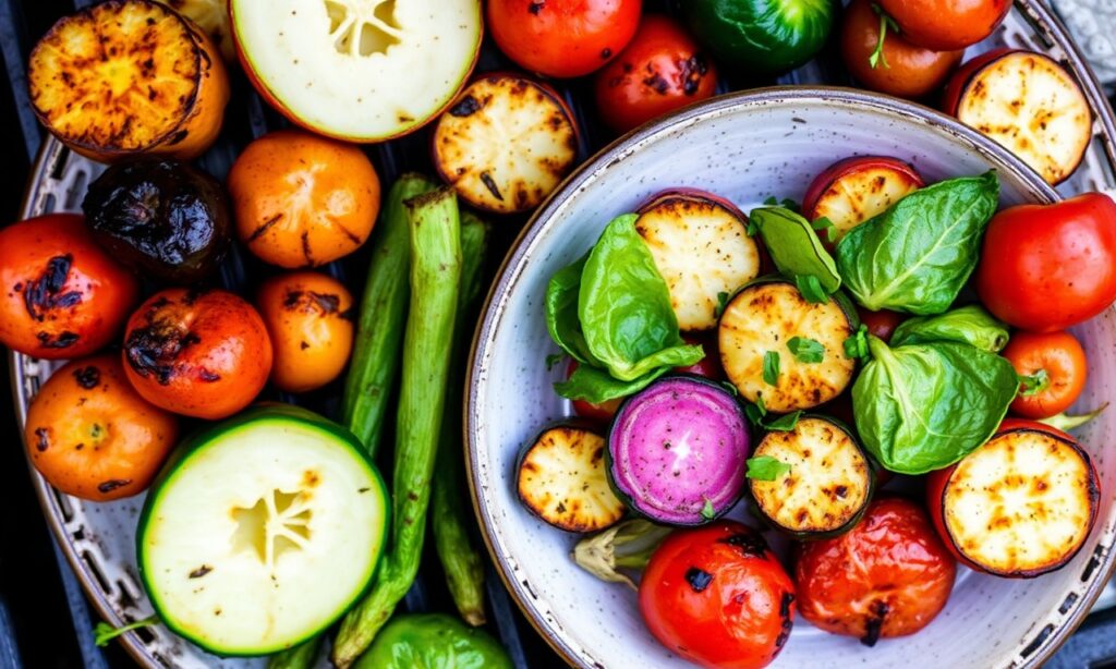 Perfectly charred grilled veggie platter, caramelized to perfection.