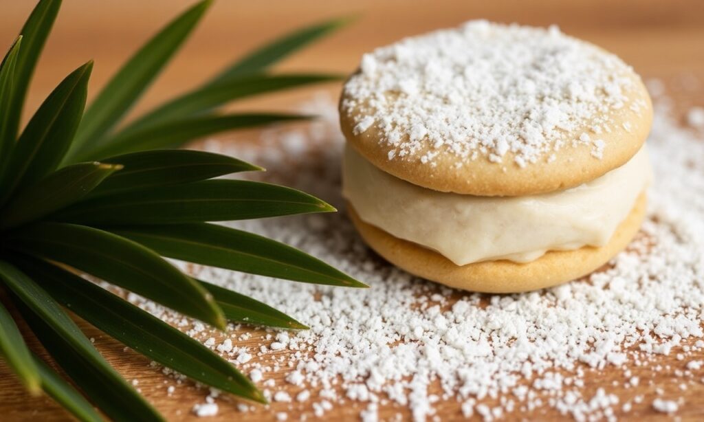 Chile sweet alfajores dusted in coconut, a delicious treat.