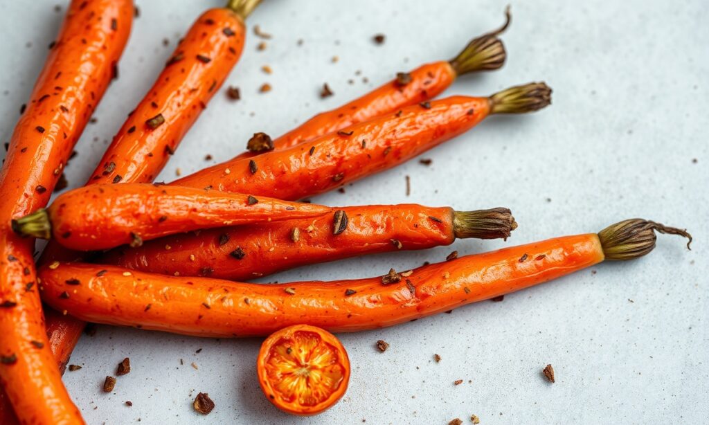 Fiery harissa roasted carrots, sweet, smoky, caramelized delight.
