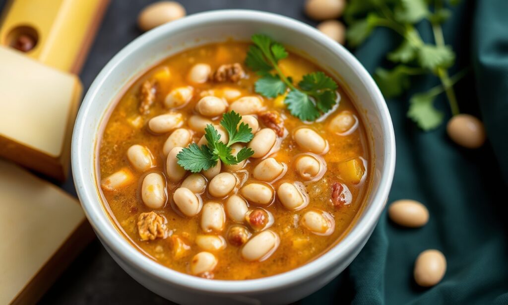 Hearty white bean chili bowl, comforting and delicious.