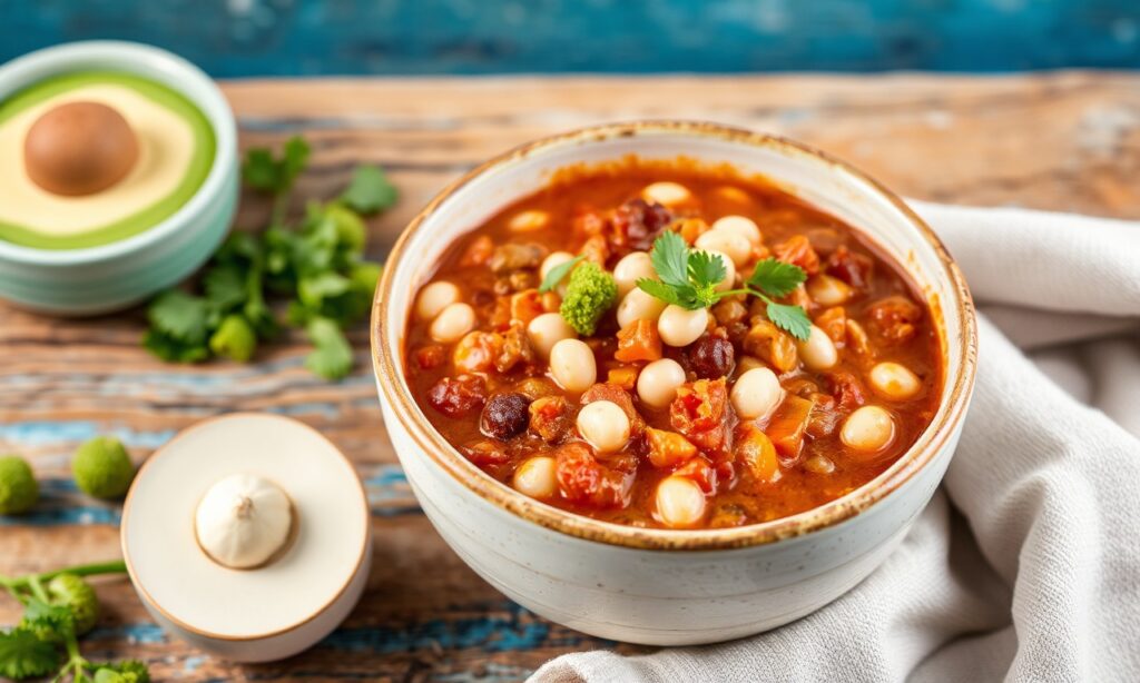 Hearty white bean chili bowl, comforting autumn meal.