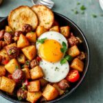 Hearty vegan breakfast hash with crispy potatoes and savory plant-based sausage.