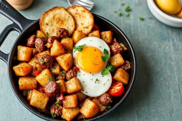 Hearty vegan breakfast hash with crispy potatoes and savory plant-based sausage.