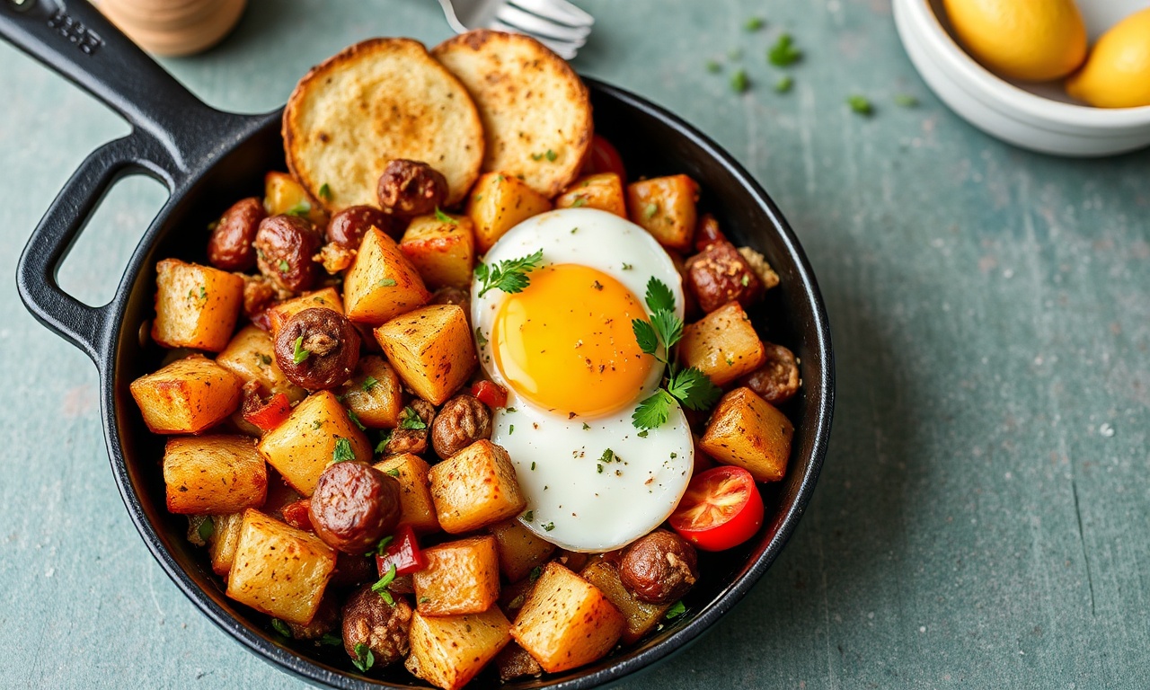 Hearty vegan breakfast hash with crispy potatoes and savory plant-based sausage.