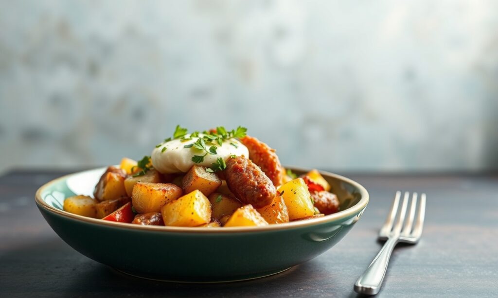Hearty vegan breakfast hash with crispy potatoes and savory plant-based sausage.
