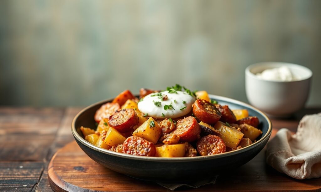 Hearty vegan breakfast hash with crispy potatoes and plant-based sausage.