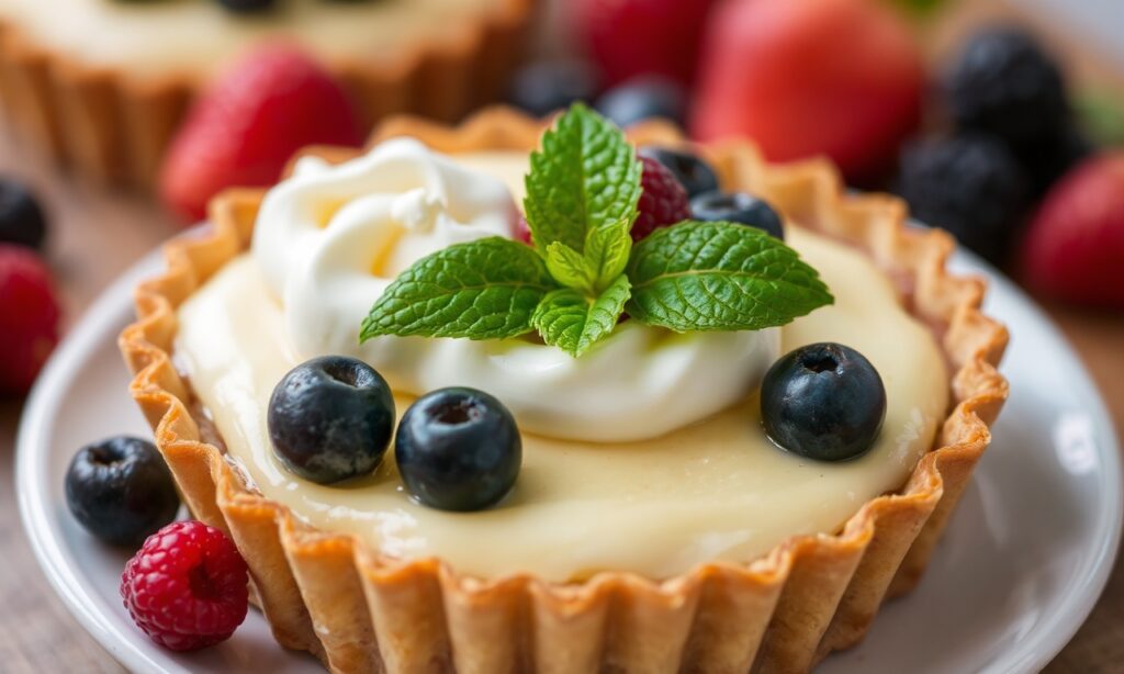 Art Berry tart, golden crust, summer delight, mosaic of berries.