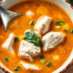 Savor cozy spicy Thai coconut chicken soup, a warm, flavorful dish.