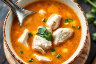 Savor cozy spicy Thai coconut chicken soup, a warm, flavorful dish.
