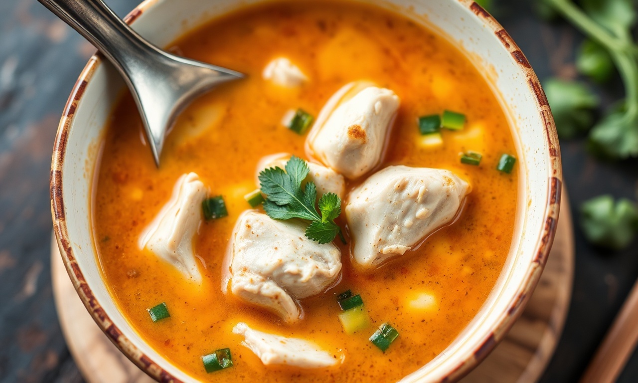 Savor cozy spicy Thai coconut chicken soup, a warm, flavorful dish.