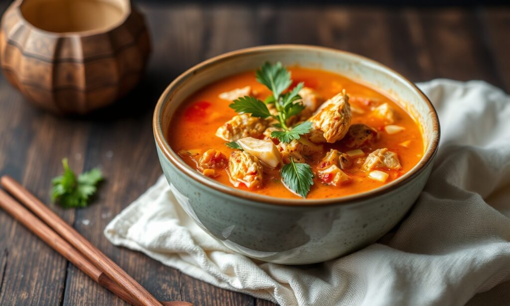 Savor cozy spicy Thai coconut chicken soup for a soulful meal.