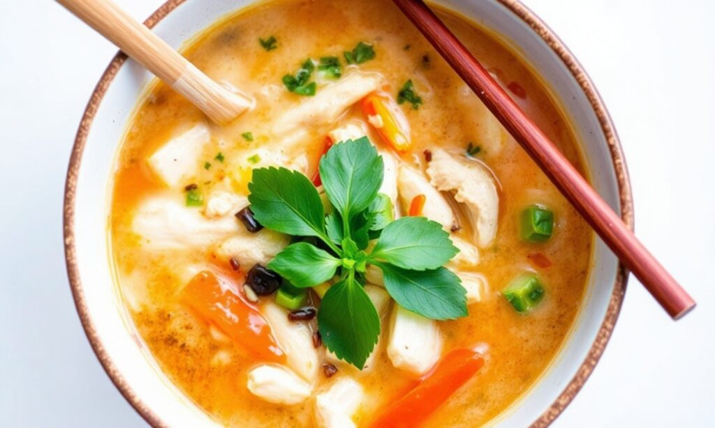 Savor cozy Thai coconut chicken soup with bold, fiery flavors.