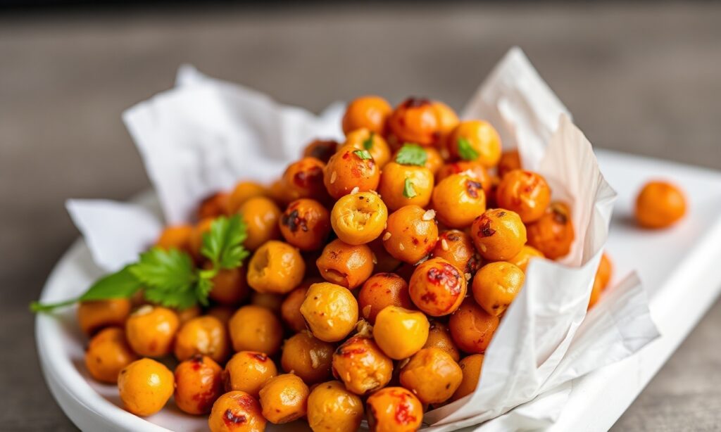 Spicy buffalo roasted chickpeas, crunchy protein boost.