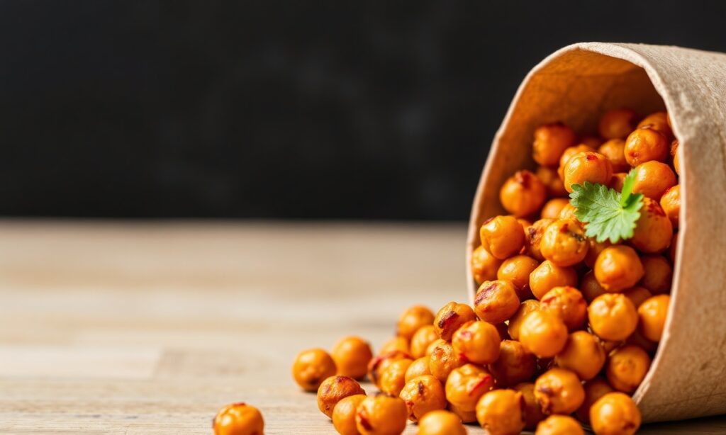 Spicy buffalo roasted chickpeas: crunchy protein snack.