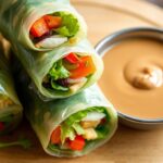 Fresh summer rolls with peanut sauce dip, vibrant and delicious.