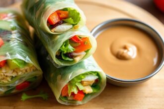 Fresh summer rolls with peanut sauce dip, vibrant and delicious.