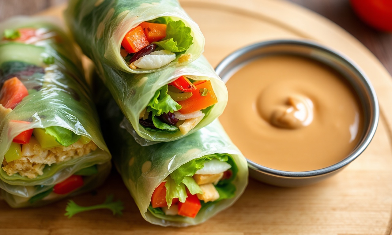 Fresh summer rolls with peanut sauce dip, vibrant and delicious.