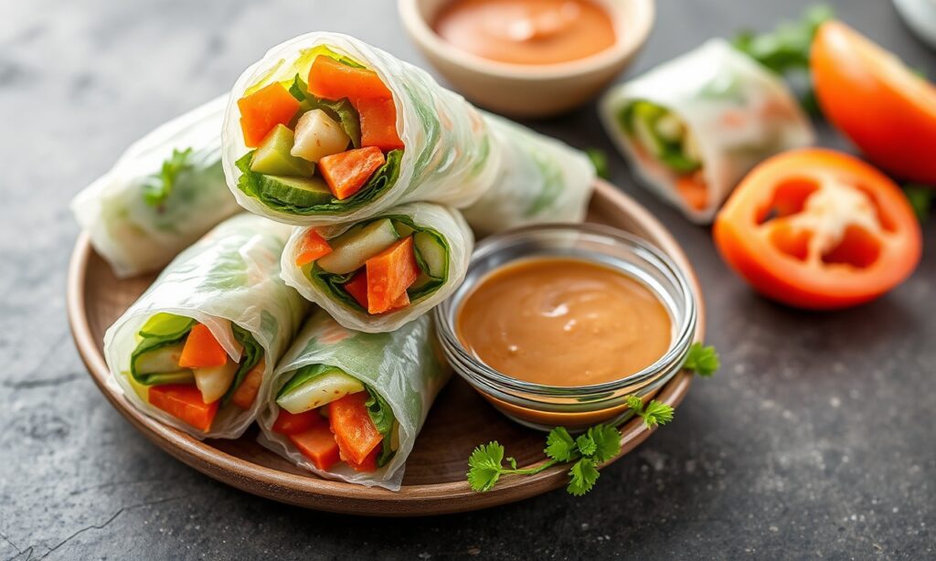 Fresh summer rolls with peanut sauce, irresistibly satisfying and nourishing.