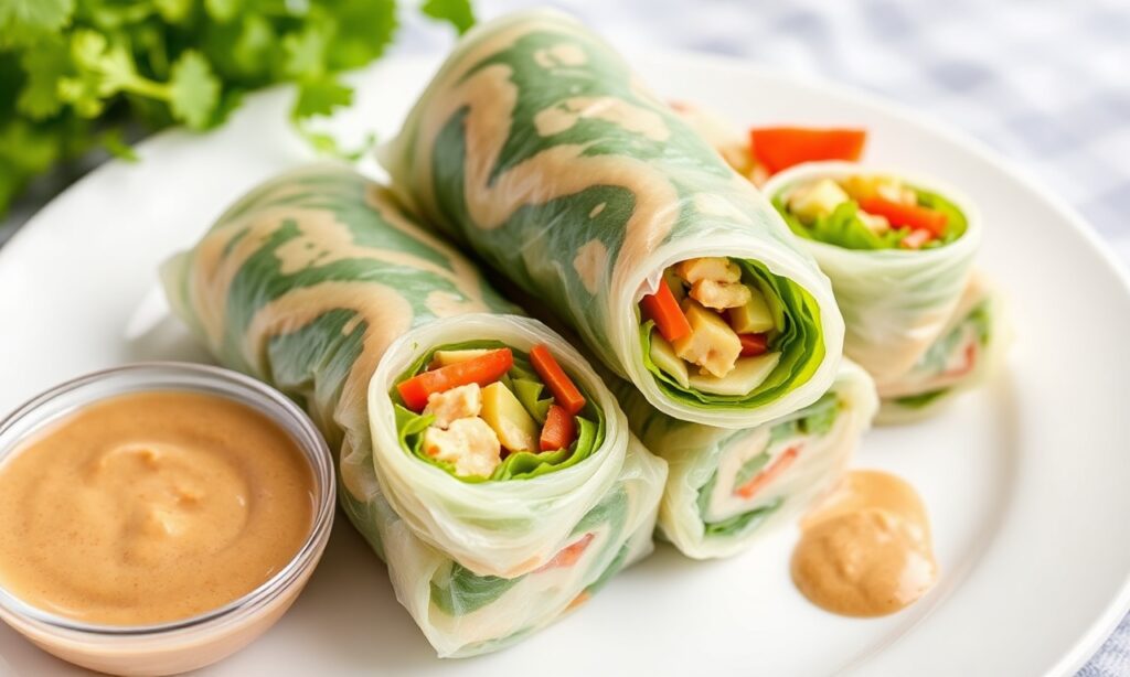Fresh summer rolls with peanut sauce, a vibrant light meal.