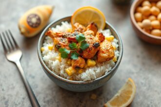 Savory street corn chicken rice bowl, a delicious and flavorful meal.