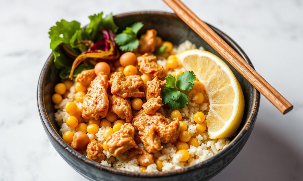 Savory street corn chicken rice bowl, a flavorful feast.