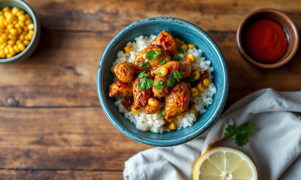 Savory street corn chicken rice bowl: flavorful, easy, delicious meal.