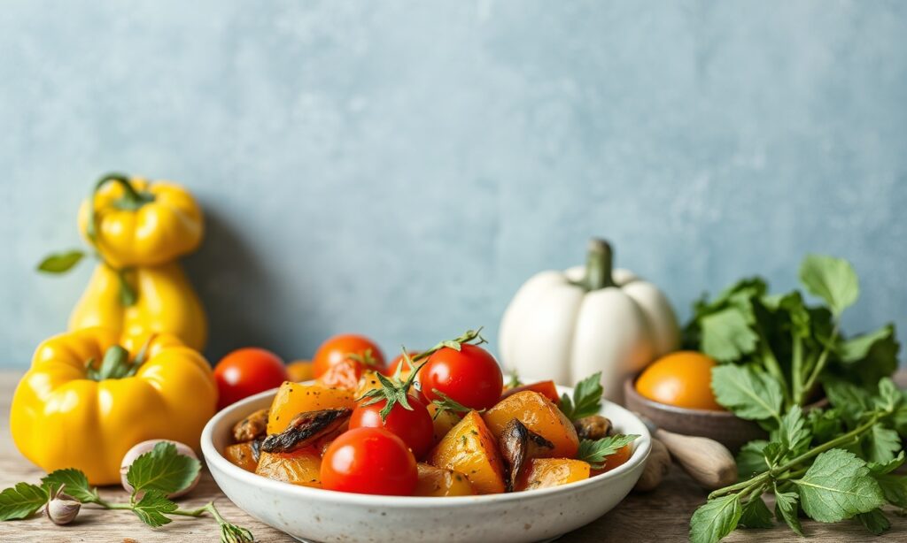Modern ratatouille with floral twist. Easy reinvented Provençal vegetable medley.