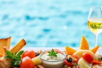 Vibrant Mediterranean mezze platter: colorful small bites for a crowd.