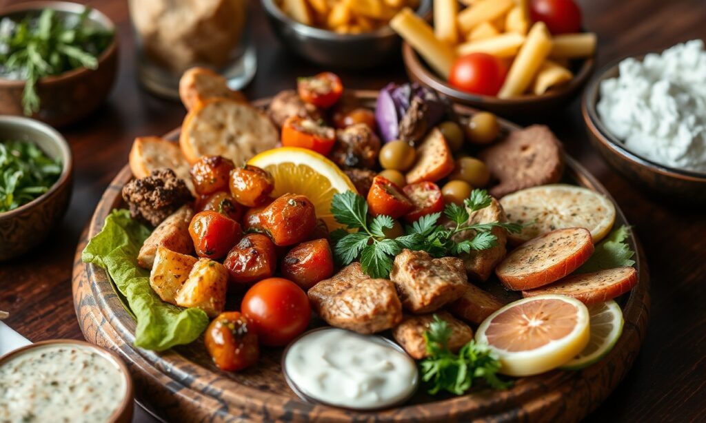 Vibrant Mediterranean mezze platter: colorful small bites, perfect for sharing.