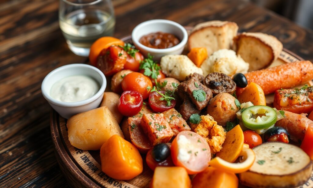 Vibrant Mediterranean mezze platter: colorful small bites, sun-soaked feast.