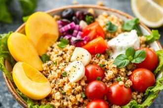 Delicious Mediterranean Quinoa bowl bursting with fresh, vibrant ingredients.