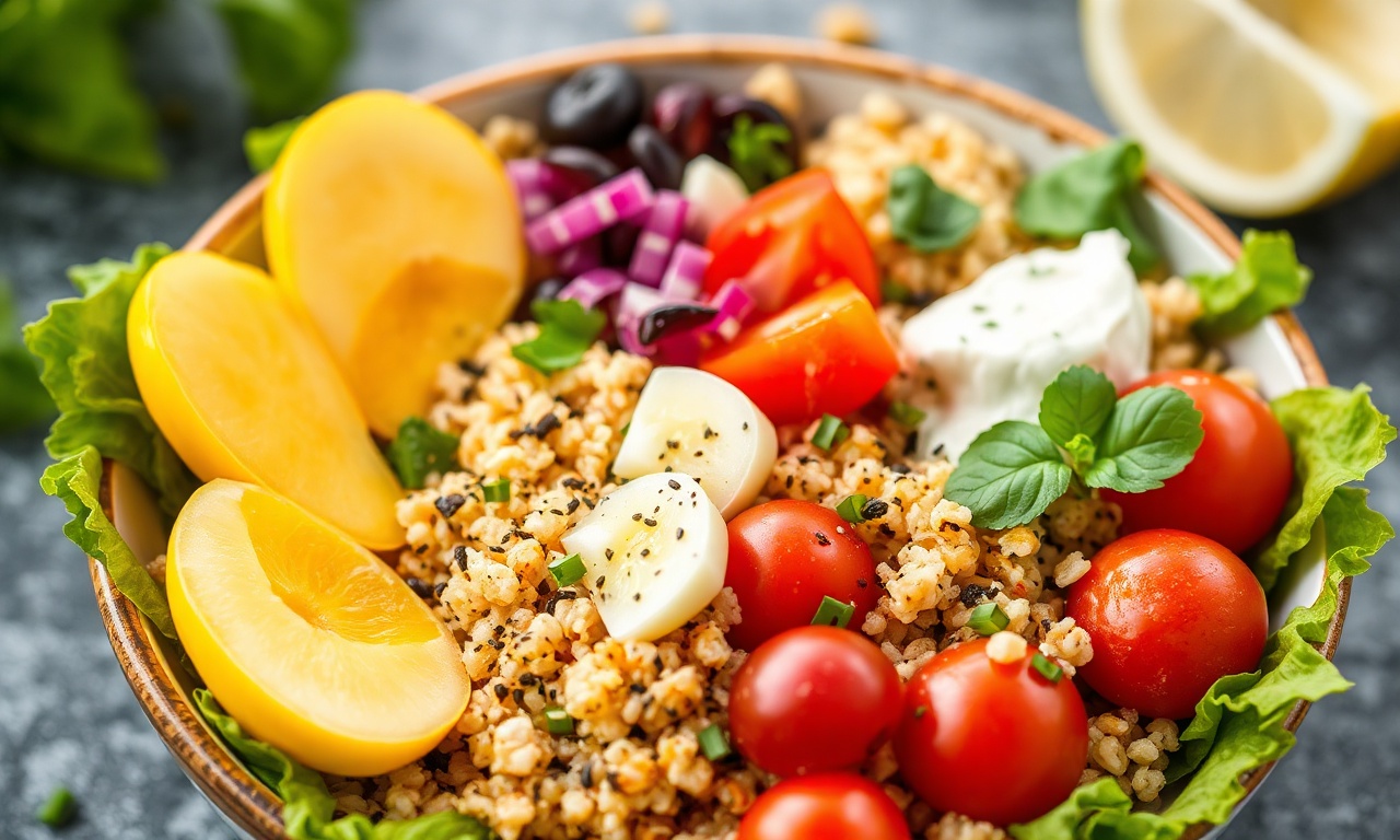 Delicious Mediterranean Quinoa bowl bursting with fresh, vibrant ingredients.