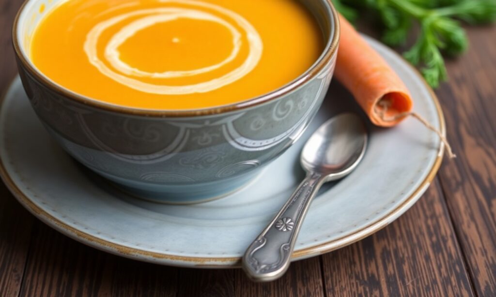 Velvety carrot ginger soup, creamy and zesty delight.