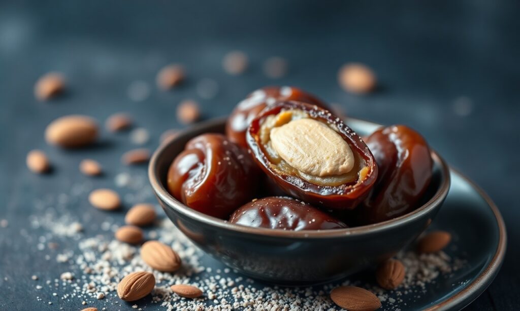 Sweet meets nutty stuffed dates with almond butter.