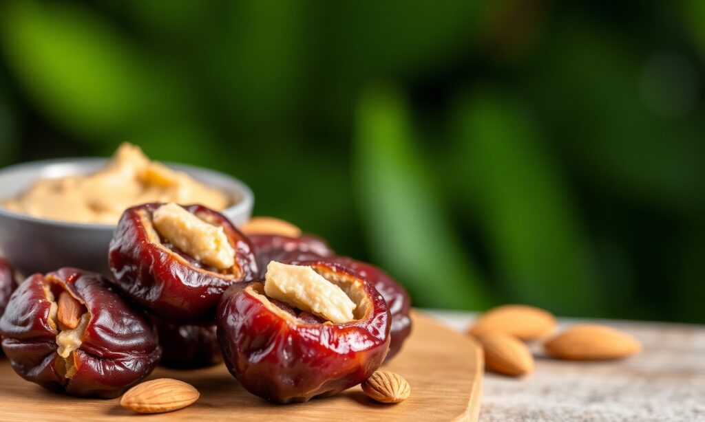 Sweet meets almond butter stuffed dates, a delicious nutty treat.