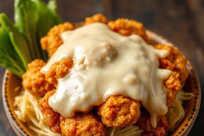 Crispy Ayam Penyet delight, smashed chicken perfection.