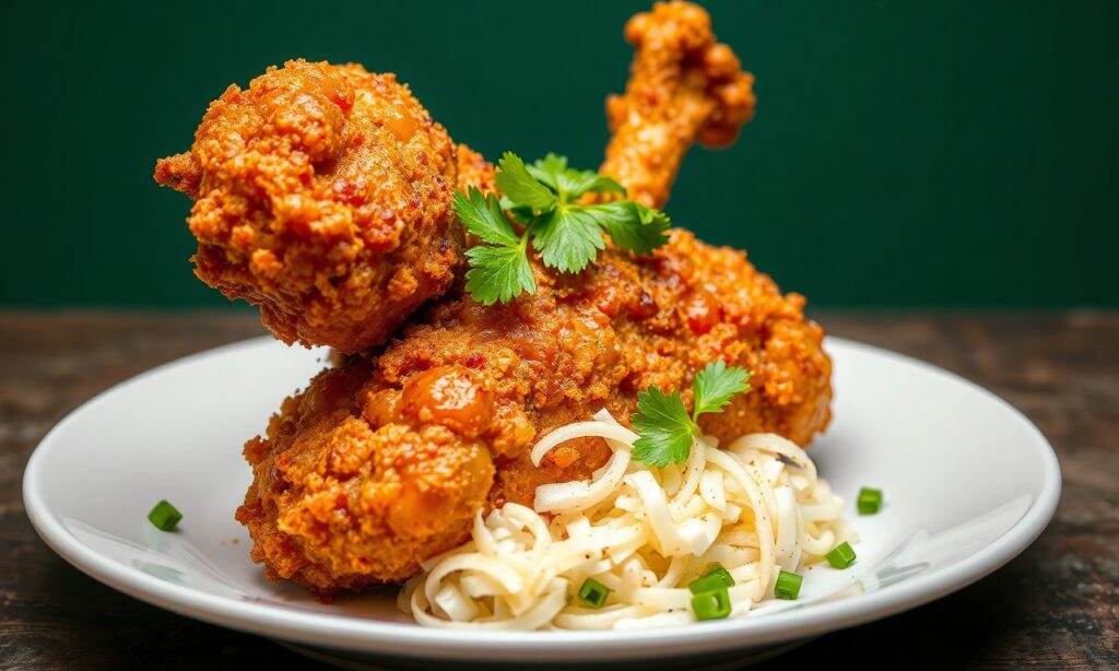Crispy Ayam Penyet: Smashed chicken delight with a spicy punch.