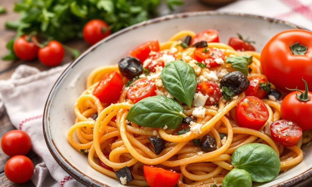 Fresh Mediterranean pasta salad with vibrant vegetables and herbs.