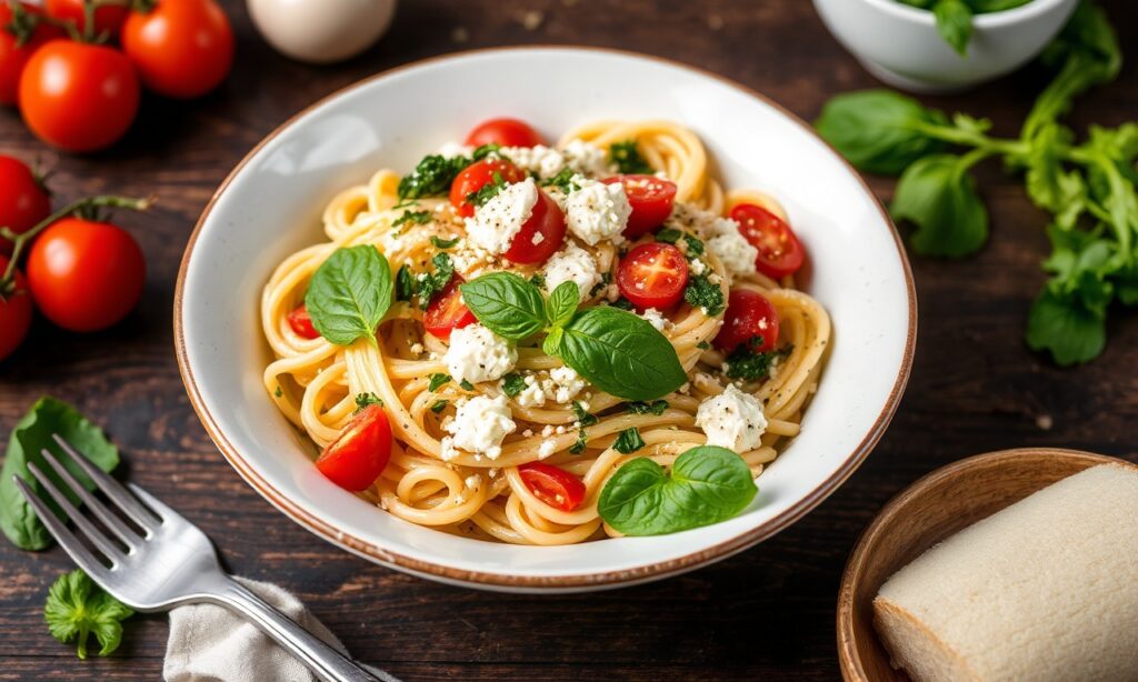 Vibrant Mediterranean pasta salad bursting with fresh, classic flavors.