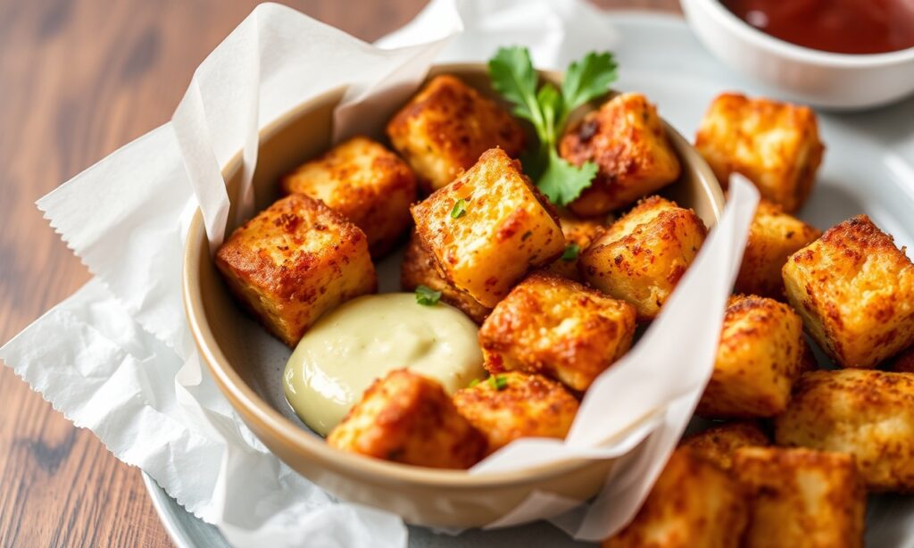 Crispy air fryer tofu nuggets, healthy plant-based snack recipe.