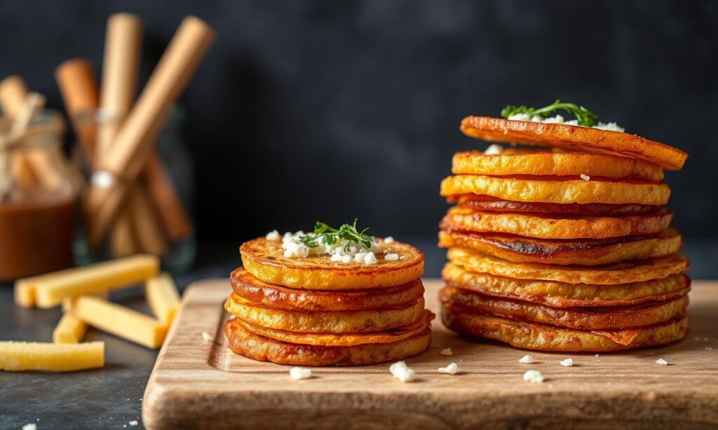 Golden crispy potato stacks, layered delight, easy recipe inspiration.