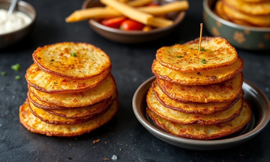 Golden crispy potato stacks, layered and delicious delight.