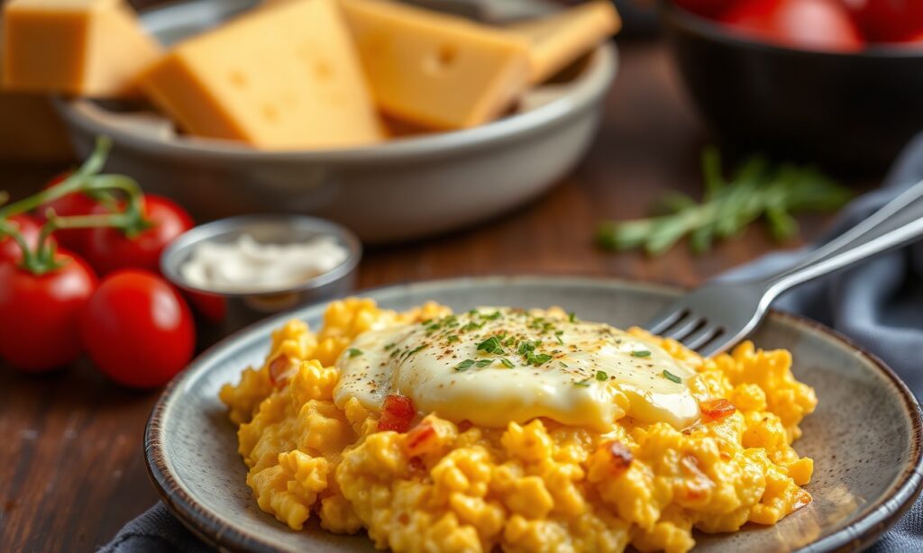 Creamy cheesy scrambled eggs recipe, ultimate breakfast upgrade.