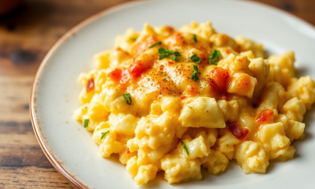 Cheesy scrambled eggs: ultimate creamy breakfast classic.